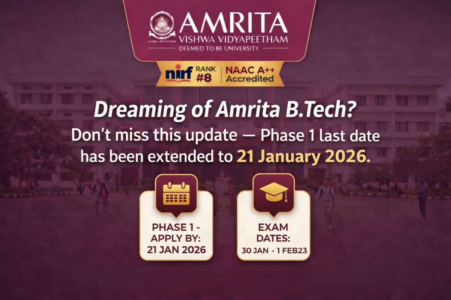 Amrita BTech Admission 2026: AEEE Phase 1 Extended