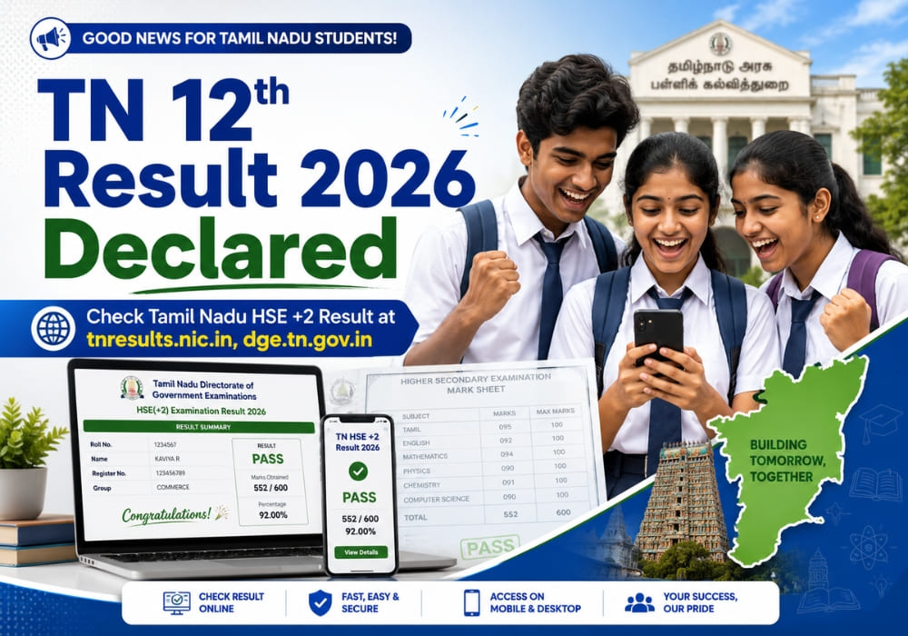 TN 12th Result 2026 Declared: Check Tamil Nadu HSE +2 Result at tnresults.nic.in, dge.tn.gov.in