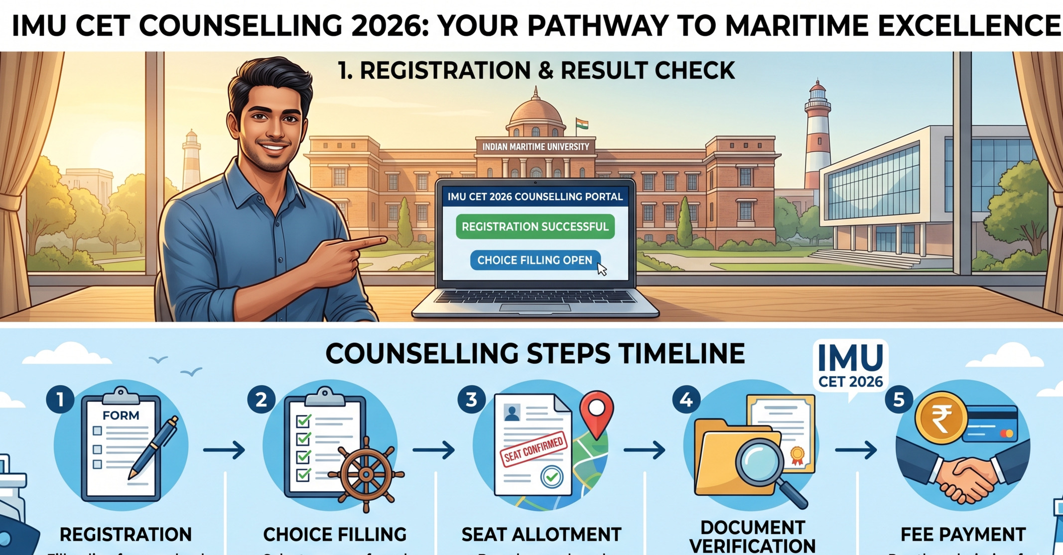 IMU CET Counselling 2026 registration guide for BTech, BSc & Diploma courses. Get dates