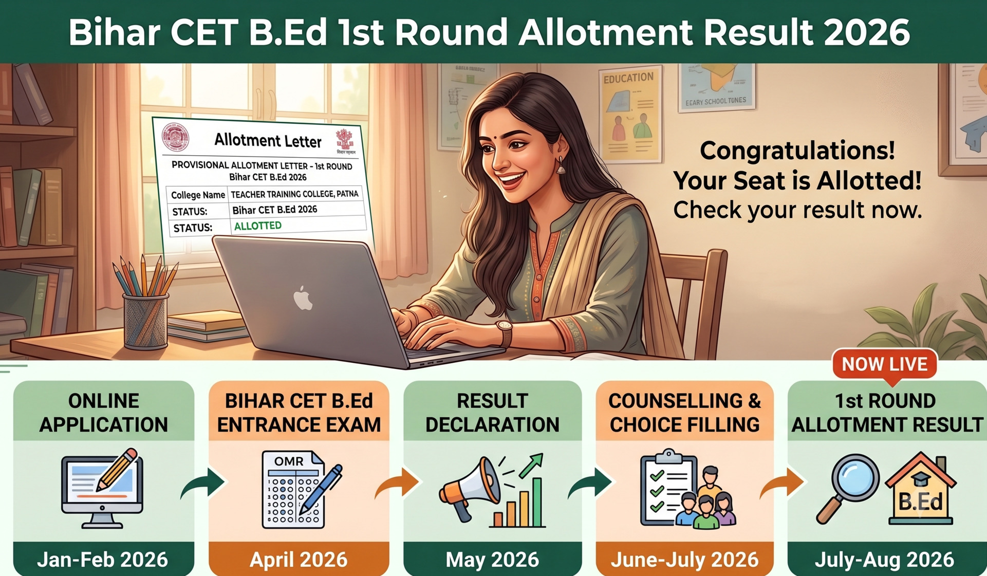 Bihar CET B.Ed 1st Round Allotment Result 2026 is out July 3. Check dates, eligibility, download steps, fee & document
