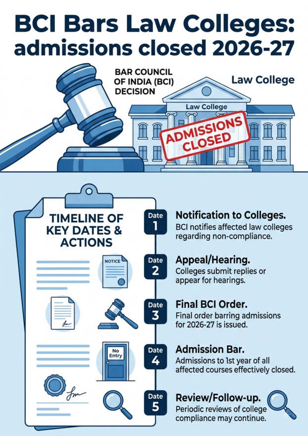 BCI bars 9 law colleges in UP & Rajasthan from 2026-27 admissions.list, reasons, dates & what students should do