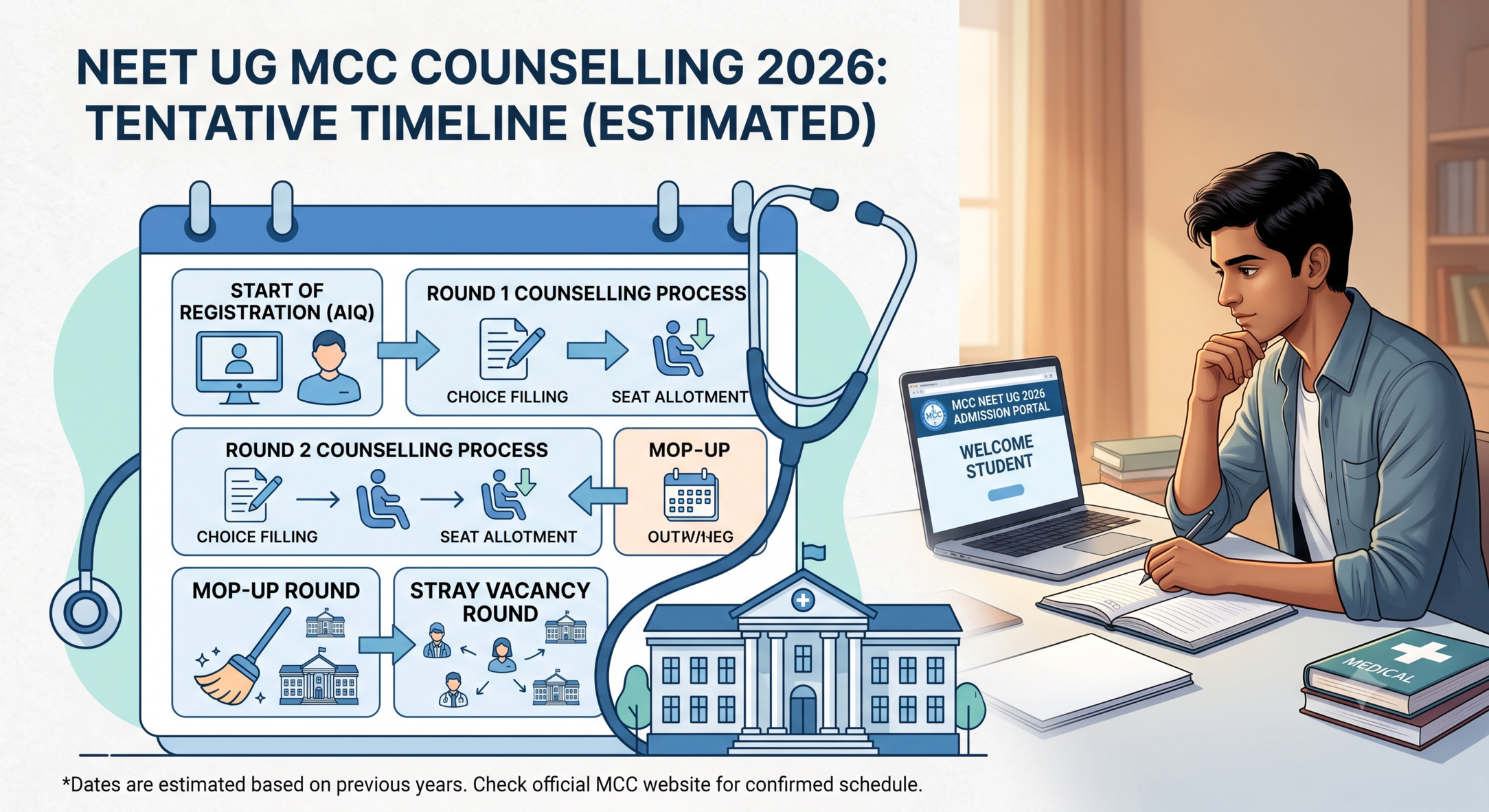 NEET UG MCC Counselling 2026 date, round-wise schedule, registration steps, and reporting deadlines — everything AIQ candidates