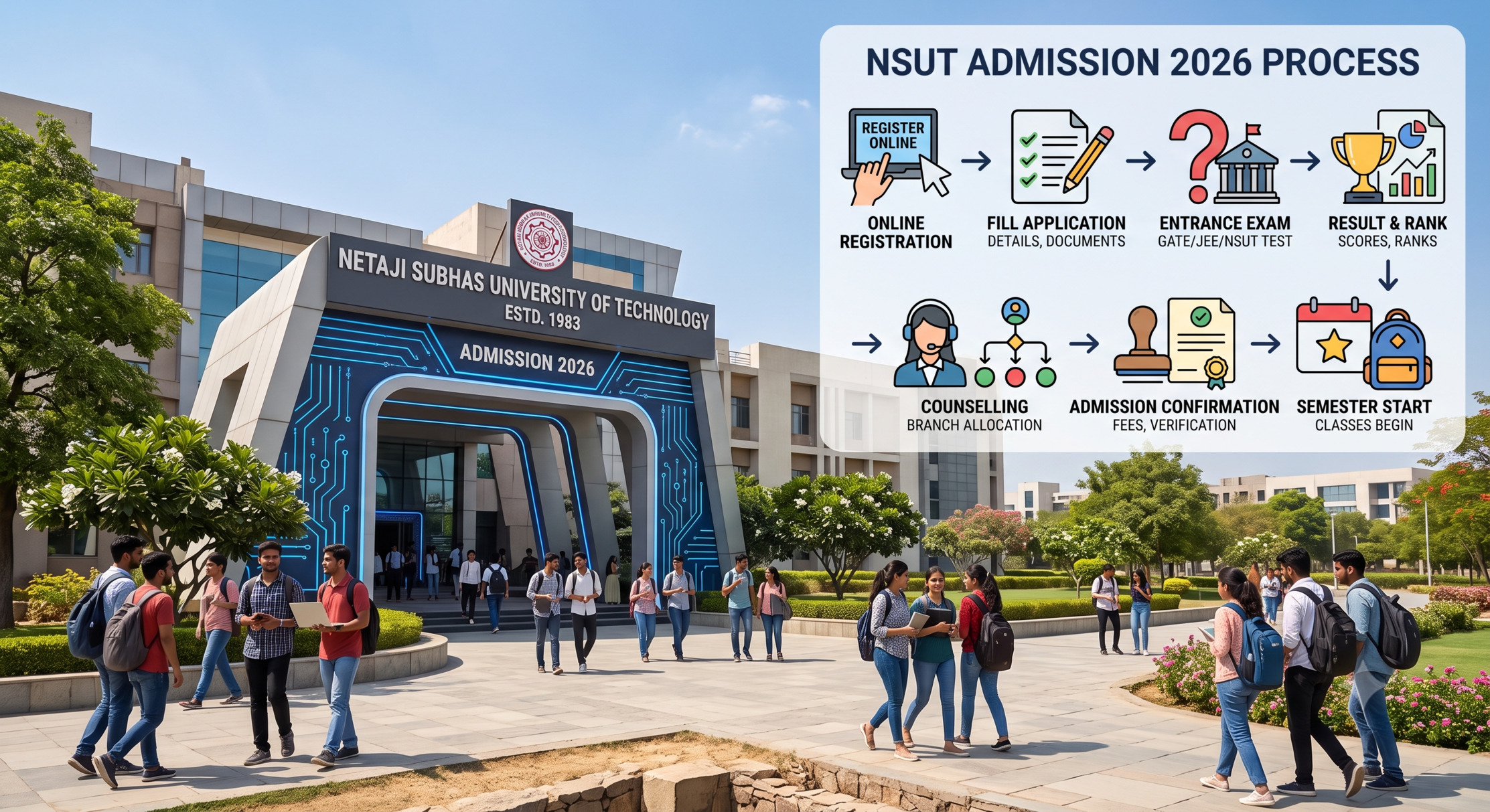 NSUT Admission 2026 guide eligibility, JEE Main entrance details, JAC Delhi counselling dates, selection process, cutoffs & documents