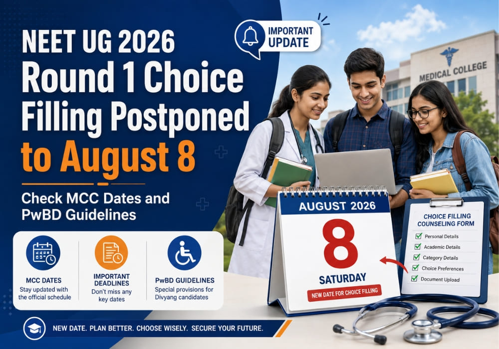 NEET UG 2026 Round 1 Choice Filling Postponed to August 8: Check MCC Dates and PwBD Guidelines