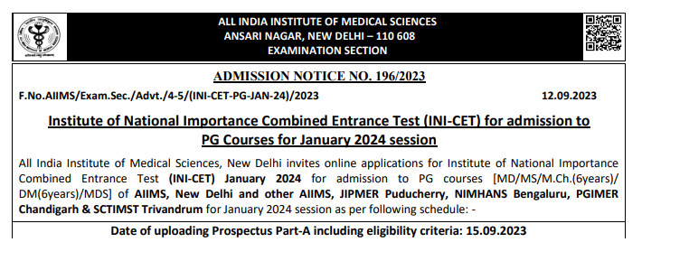 AIIMS INICET January 2024 registration till great 5 Oct 23