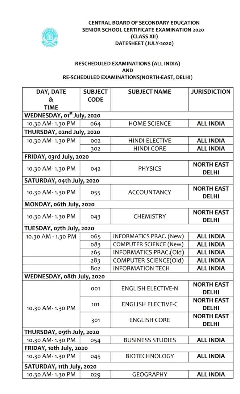 CBSE Exam 2020 datesheet