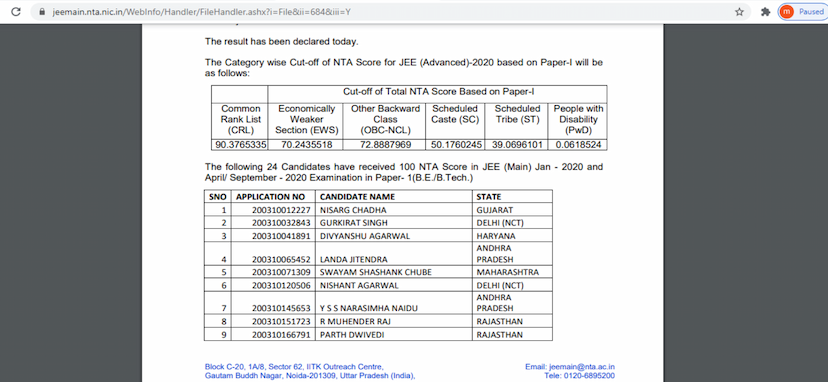 NTA JEE Mains result