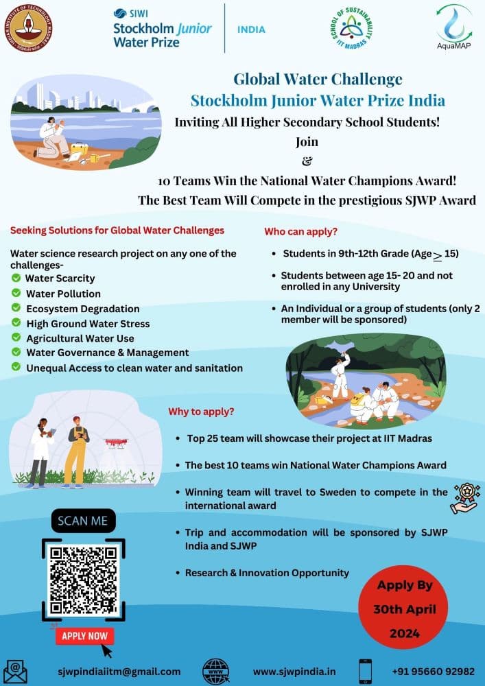 Stockholm Junior Water Prize contest application on till 30 April 2024, 9th to 12th Students Can Apply, Details Here Stockholm Junior Water Prize contest application on till 30 April 2024, 9th to 12th Students Can Apply, Details Here
