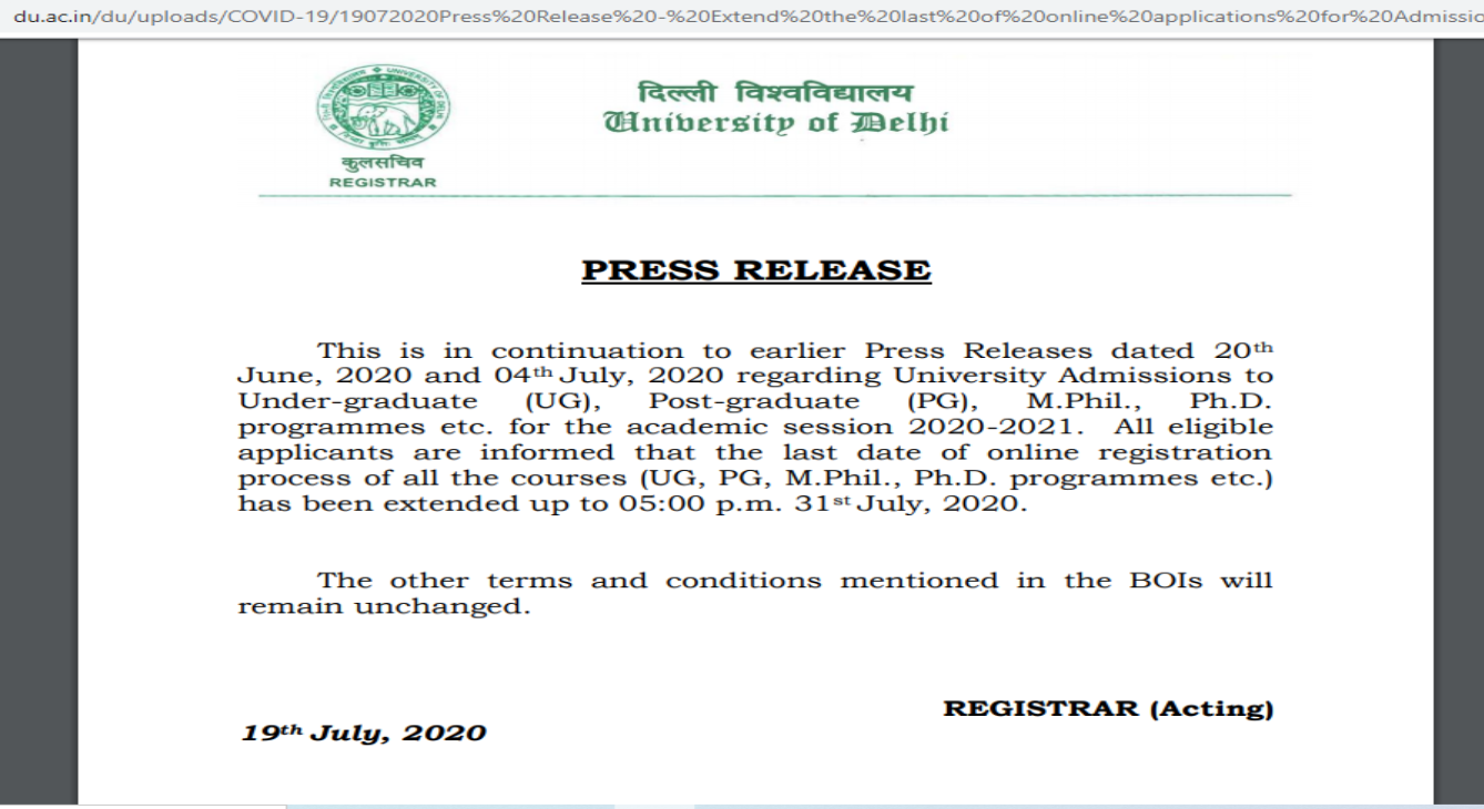 Delhi University admission 2020